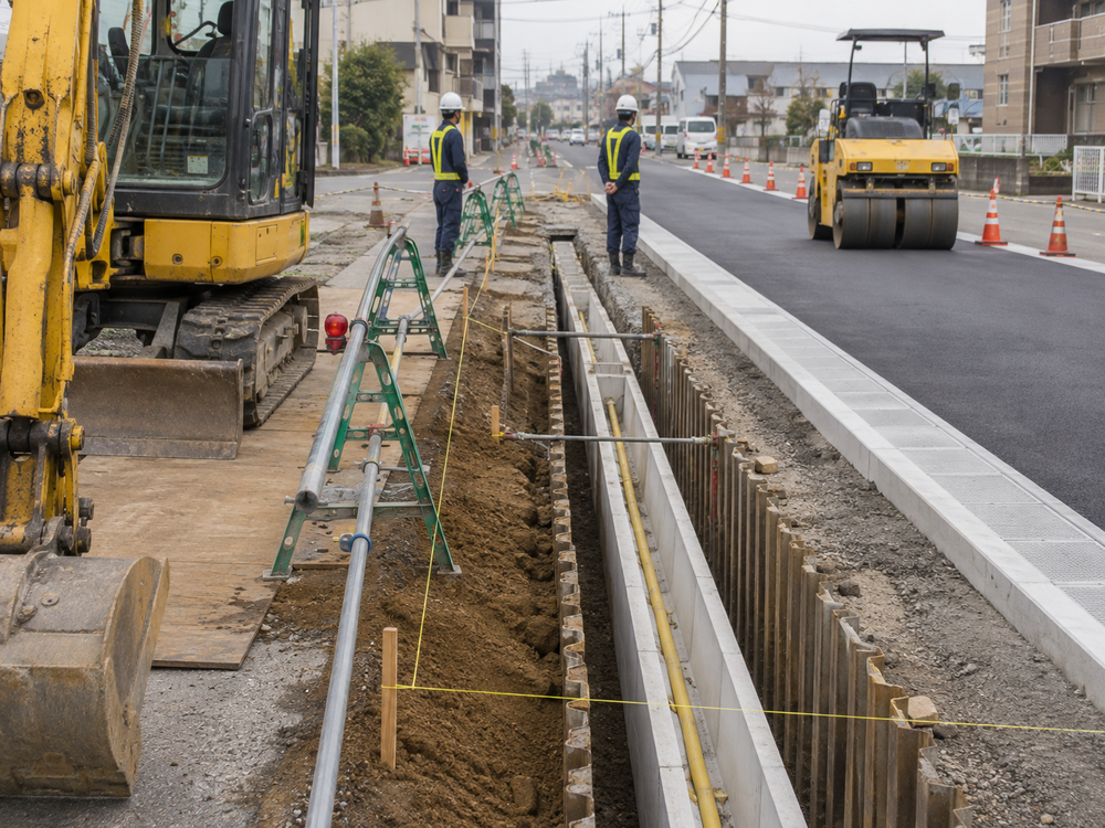 市街地の道路で行われる土木工事。掘削された溝、埋設された配管、舗装したばかりの路面