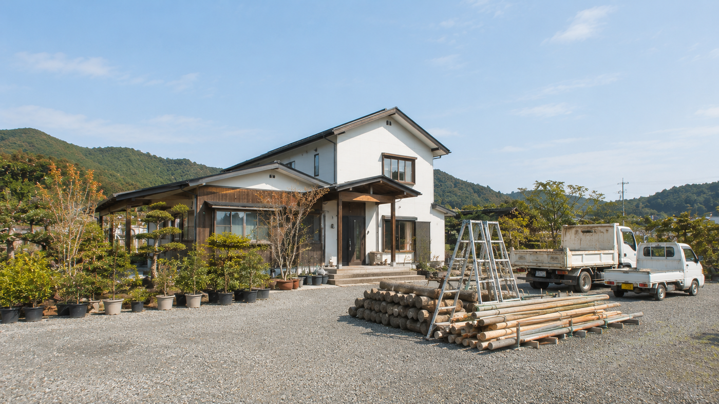 道路側から見た社屋と資材置き場