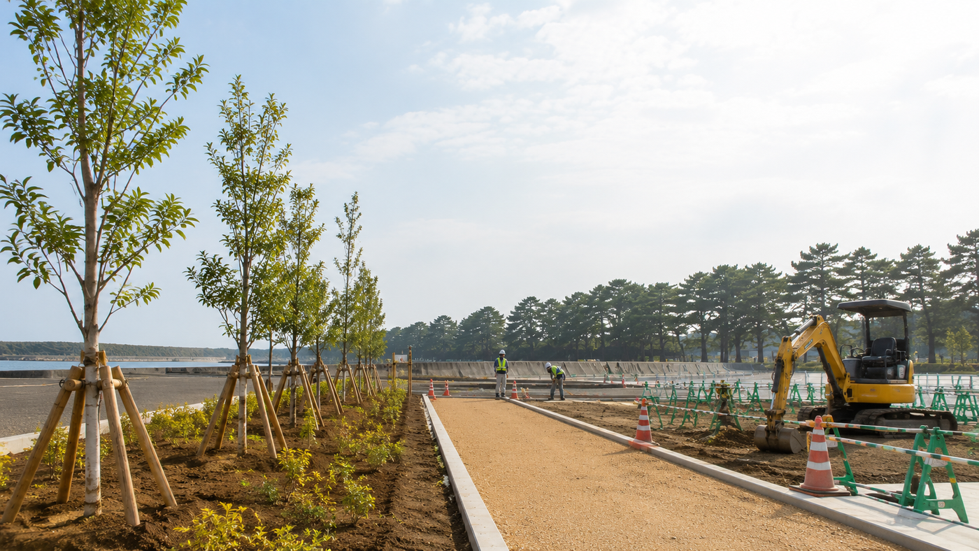 海沿いの緑地整備の現場。植栽したばかりの並木と整地された園路