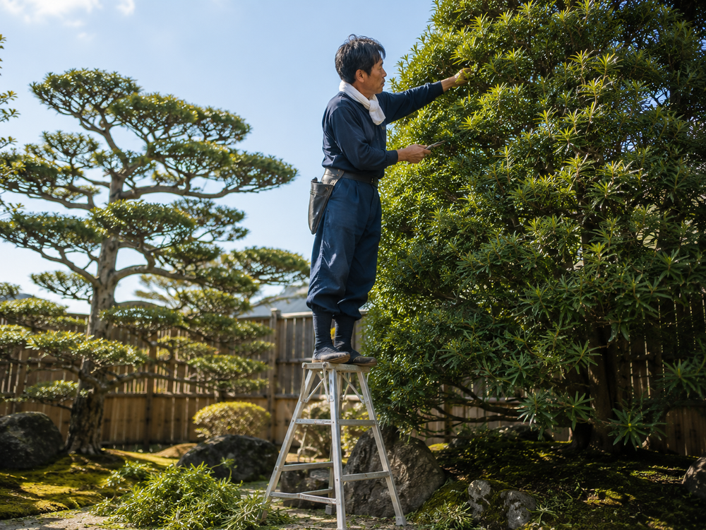 手前は枝が伸びた未剪定の庭木、奥は剪定を終えて枝が透かされた庭木