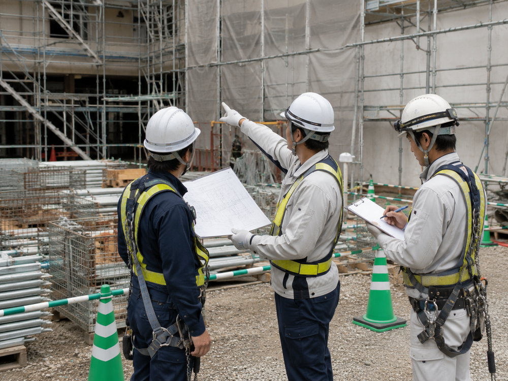 工事現場で安全パトロールを行う3名。仮設と足場を指差しで確認している
