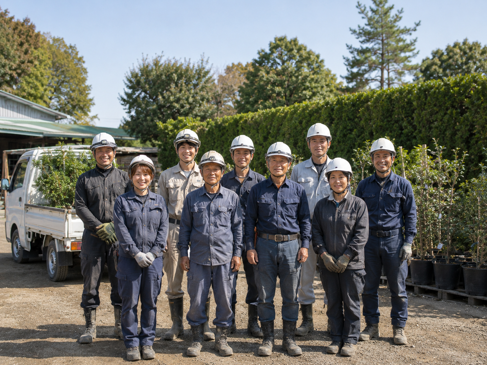 社屋前に並ぶ作業着姿の職人たち